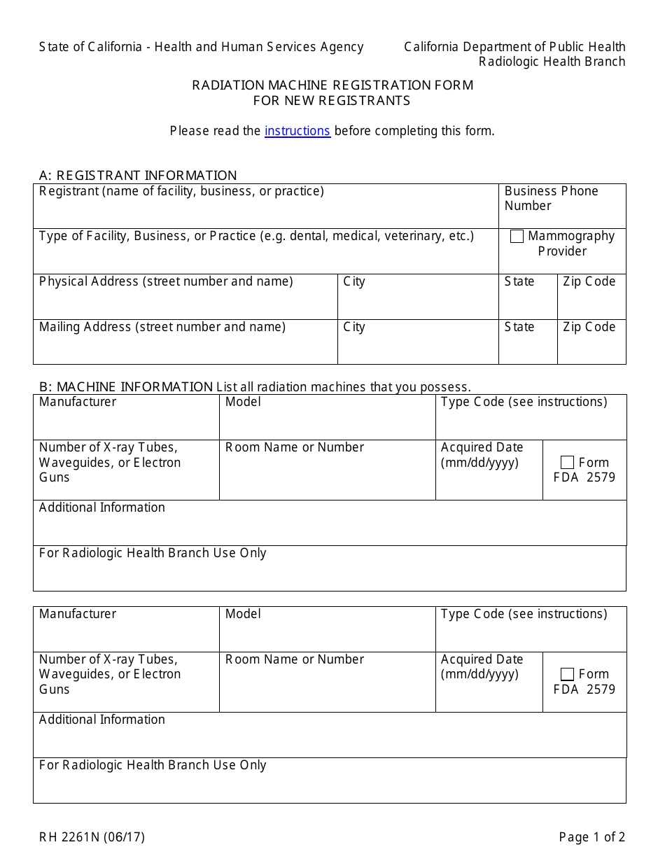 Form RH2261N Radiation Machine Registration Form for New Registrants - California, Page 1