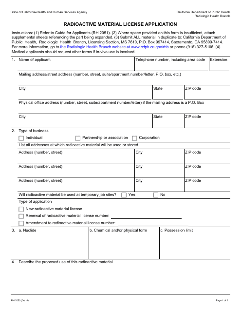 Form RH2050 Radioactive Material License Application - California