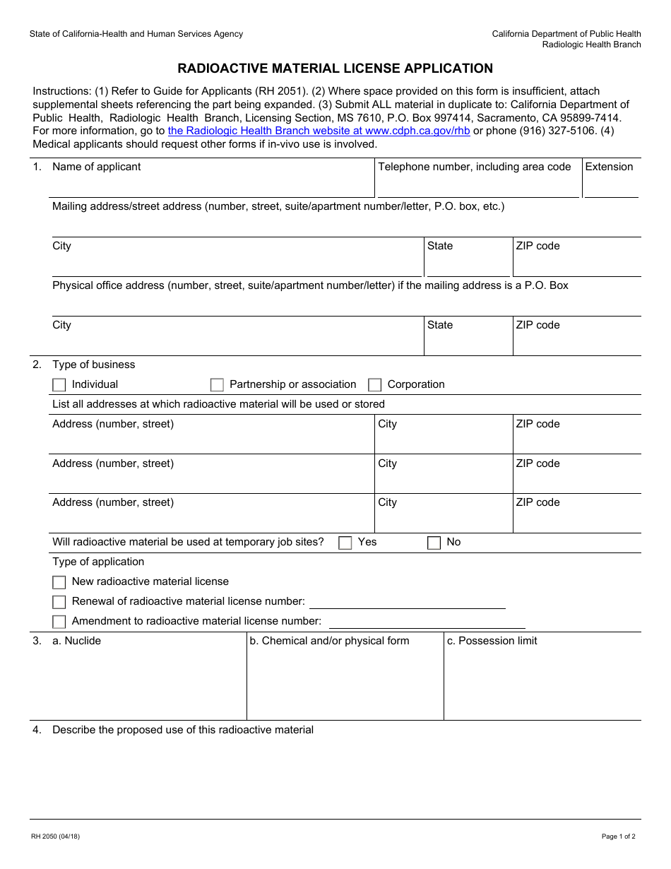 Form RH2050 Radioactive Material License Application - California, Page 1