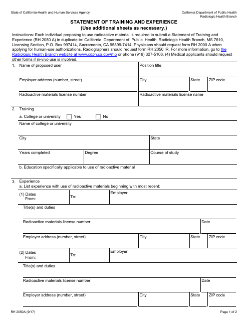 Form RH2050A Statement of Training and Experience - California