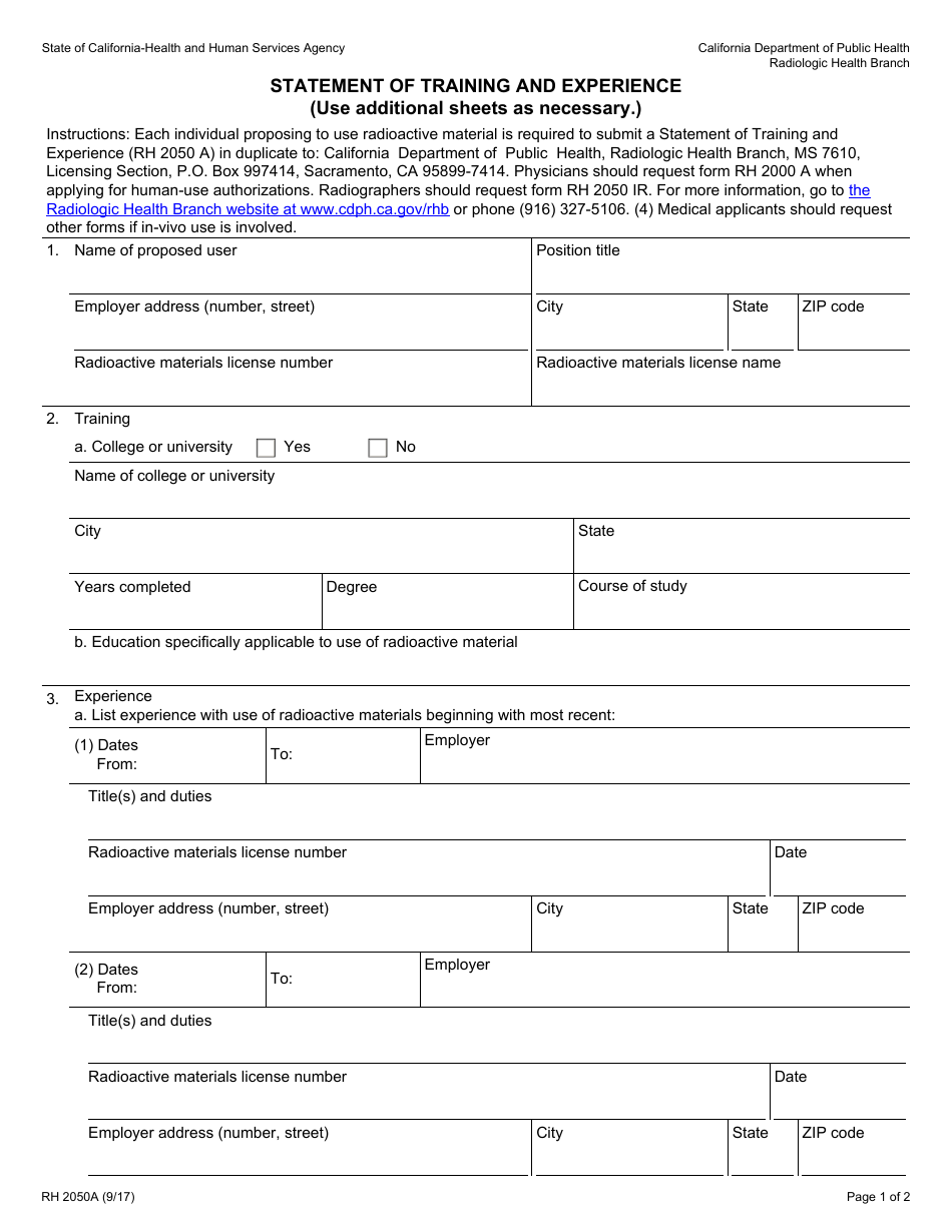 Form RH2050A - Fill Out, Sign Online and Download Fillable PDF ...