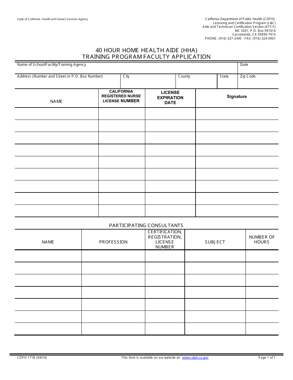 Form CDPH171B 40 Hour Home Health Aide (Hha) Training Program Faculty Application - California, Page 1