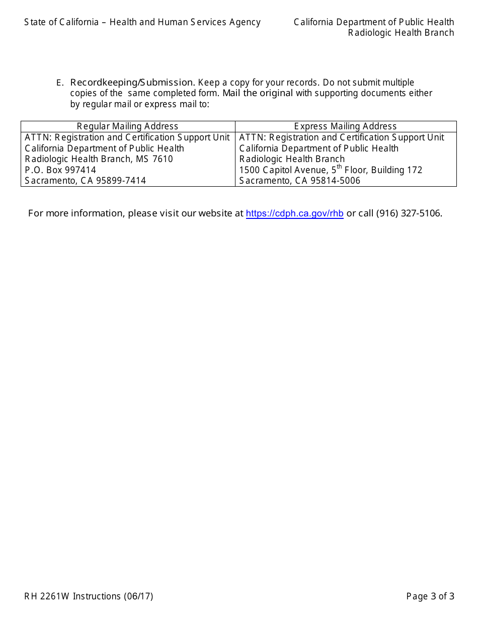 Instructions for Form RH2261W Radiation Machine Registration Form for Withdrawal or Registration - California, Page 3