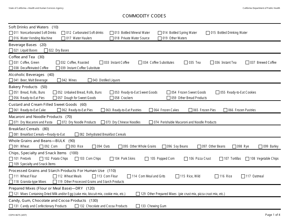 Form CDPH8675 Commodity Codes - California, Page 1