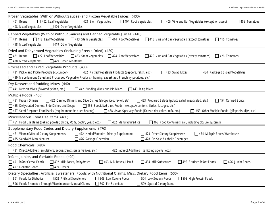 Form CDPH8675 Commodity Codes - California, Page 4