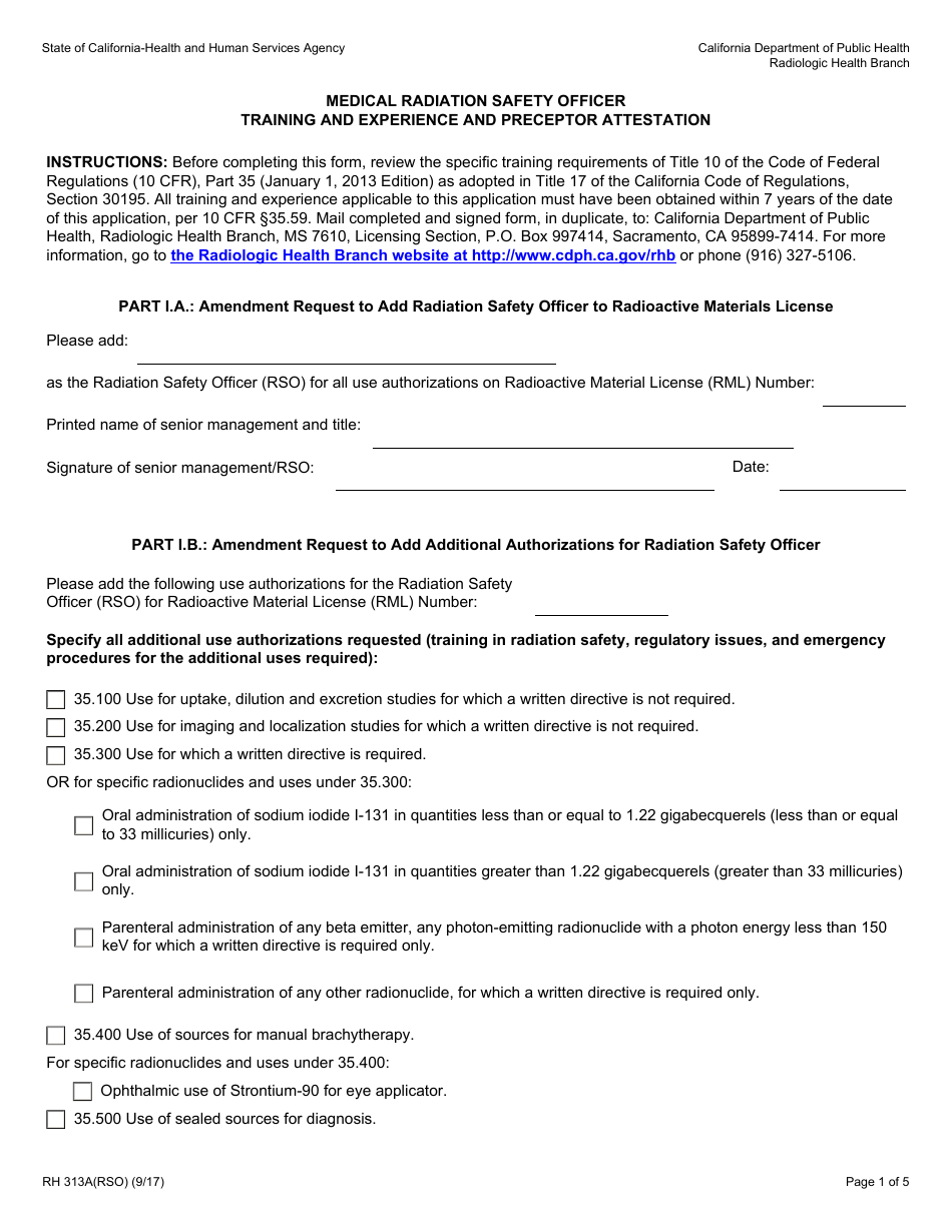 Form RH313A(RSO) Medical Radiation Safety Officer Training and Experience and Preceptor Attestation - California, Page 1