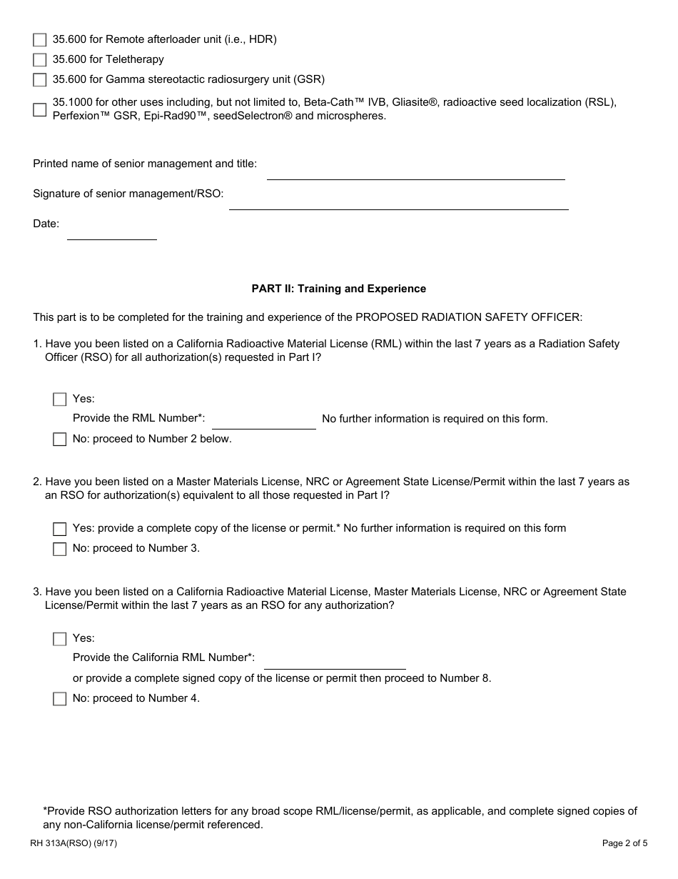 Form RH313A(RSO) Medical Radiation Safety Officer Training and Experience and Preceptor Attestation - California, Page 2