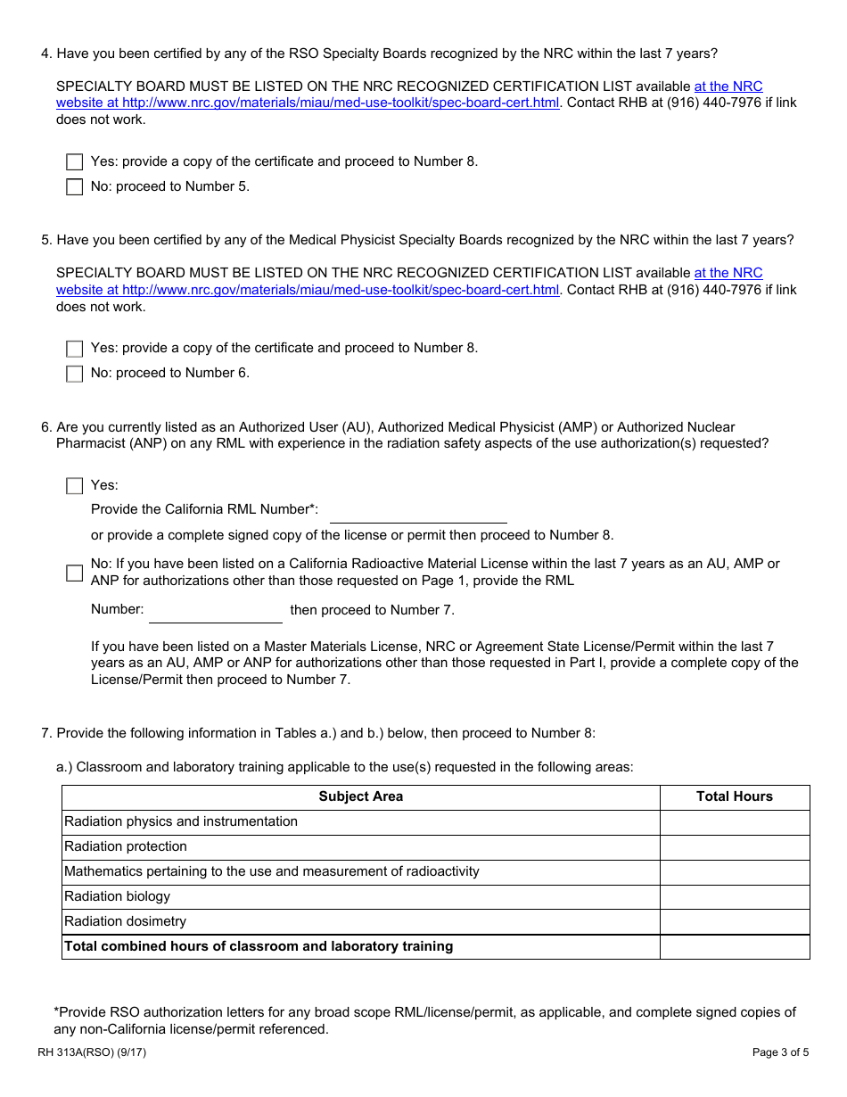 Form RH313A(RSO) Medical Radiation Safety Officer Training and Experience and Preceptor Attestation - California, Page 3