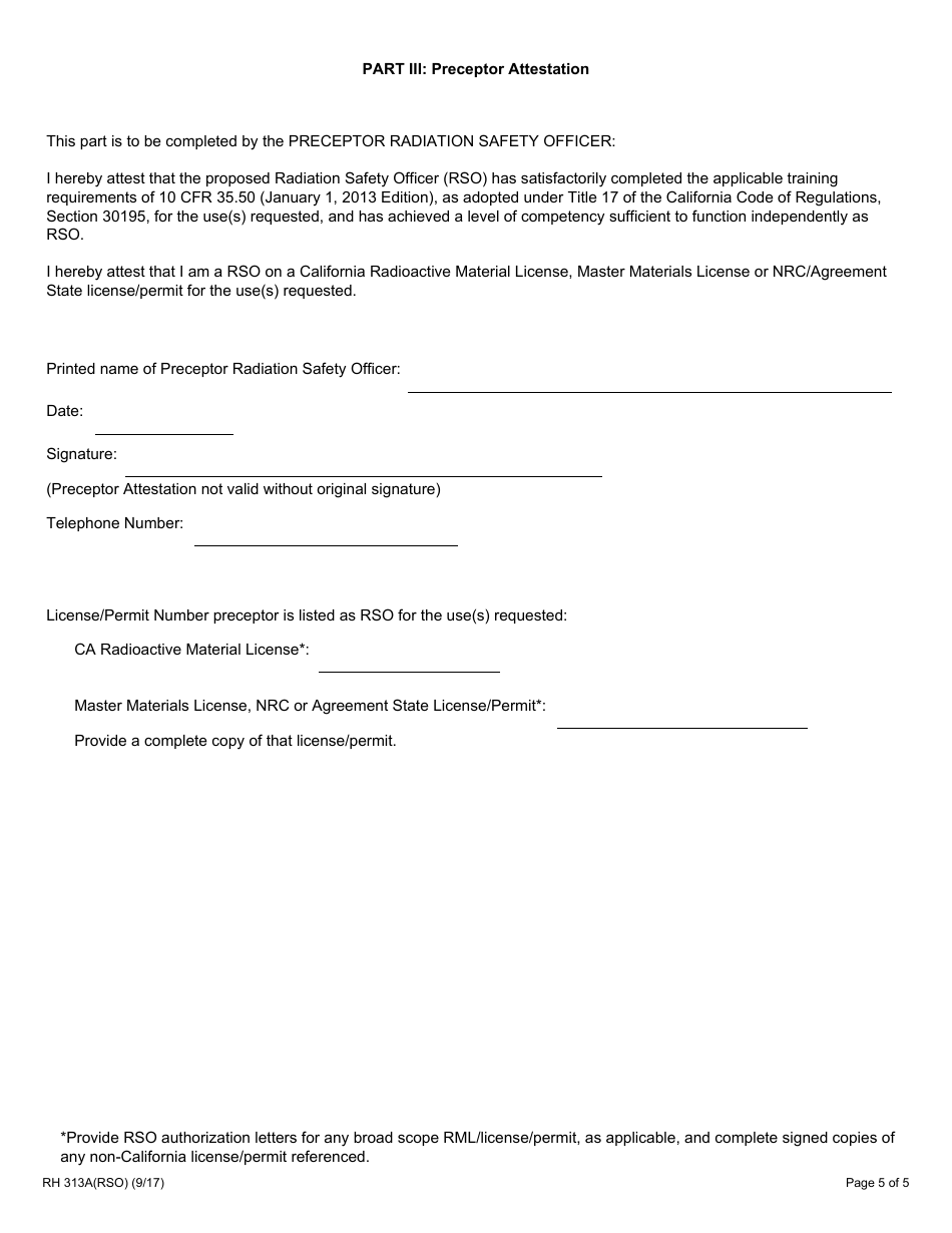 Form RH313A(RSO) Medical Radiation Safety Officer Training and Experience and Preceptor Attestation - California, Page 5