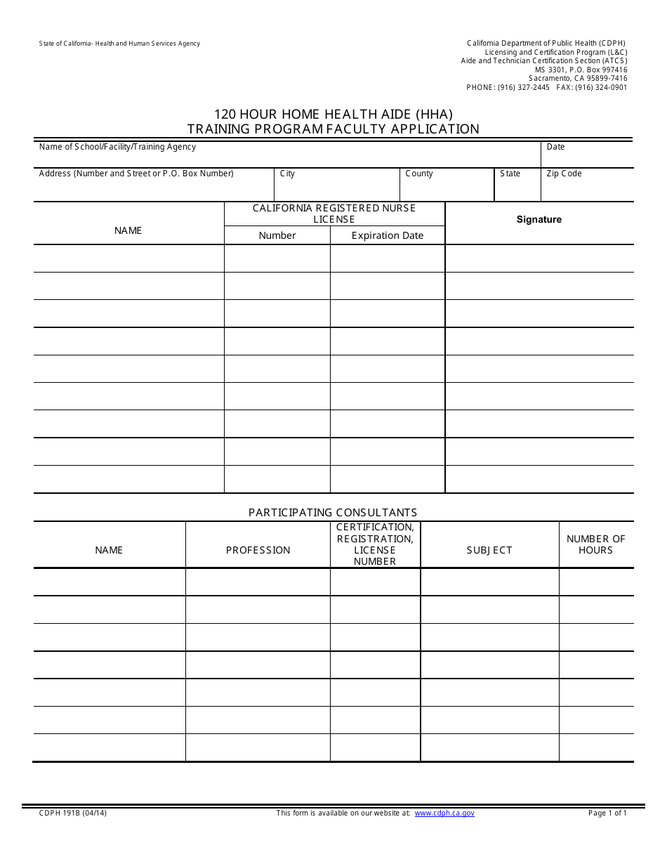 Form CDPH191B 120 Hour Home Health Aide (Hha) Training Program Faculty Application - California, Page 1