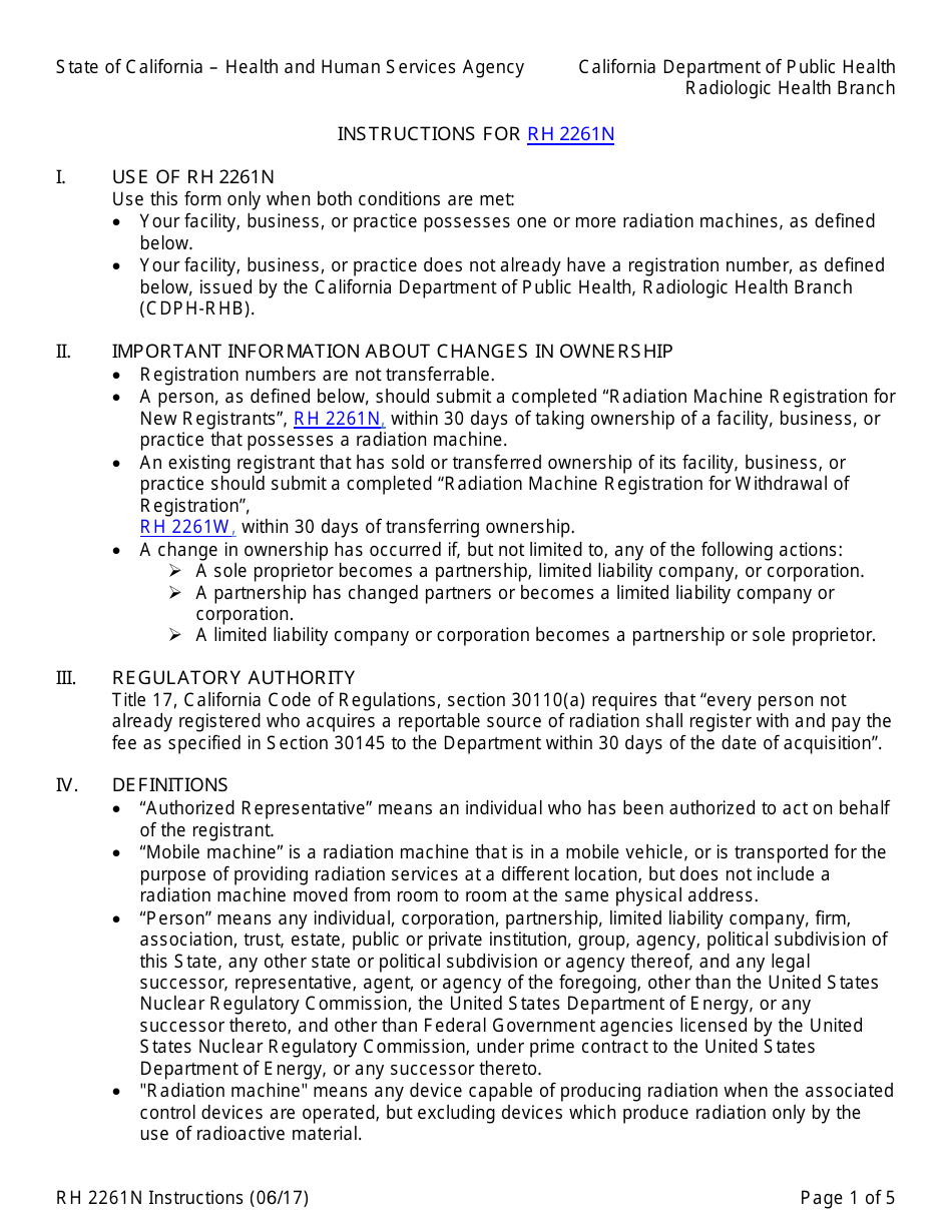 Instructions for Form RH2261N Radiation Machine Registration Form for New Registrants - California, Page 1