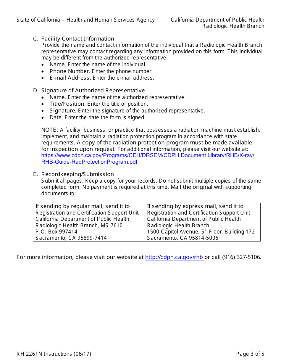 Instructions for Form RH2261N Radiation Machine Registration Form for New Registrants - California, Page 3