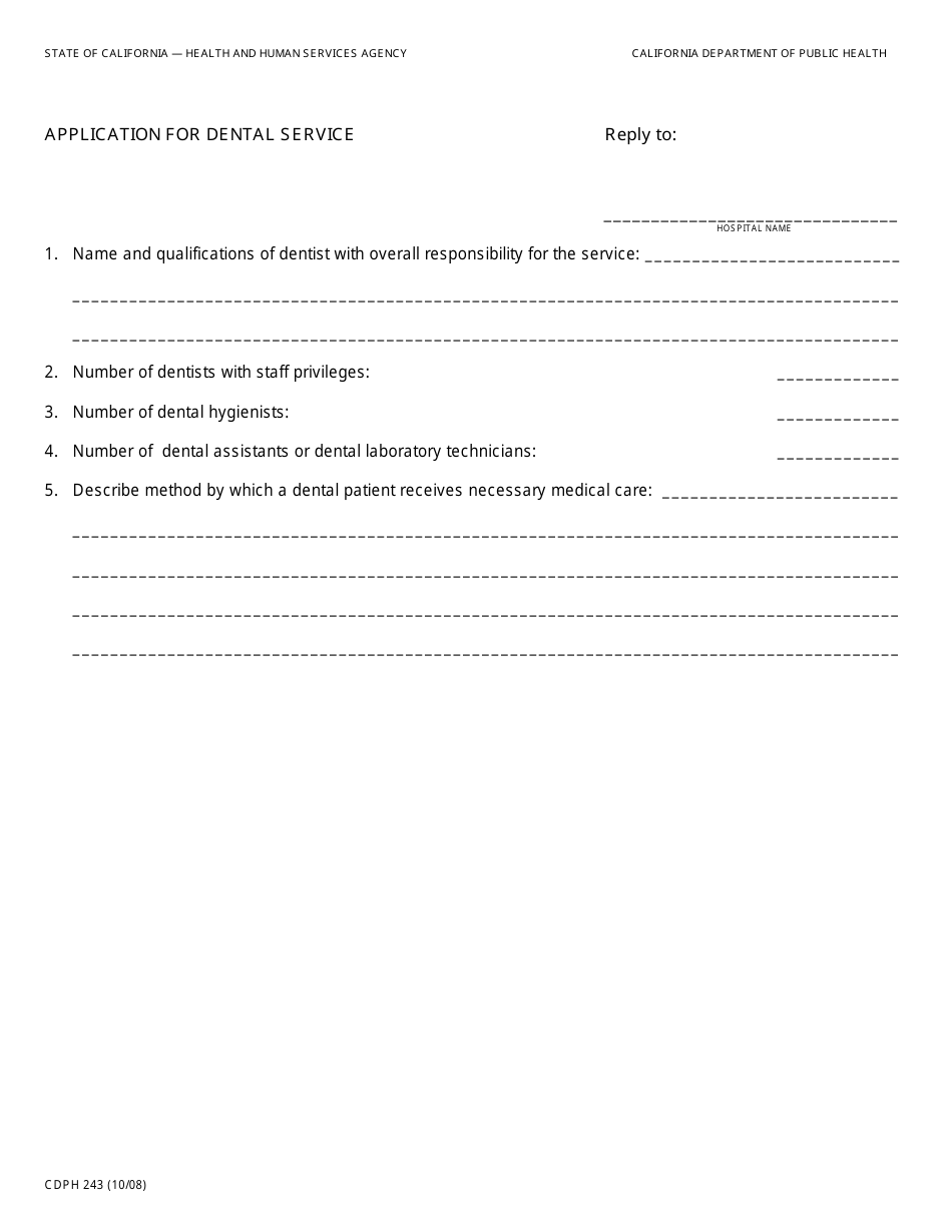 Form CDPH243 Application for Dental Service - California, Page 1