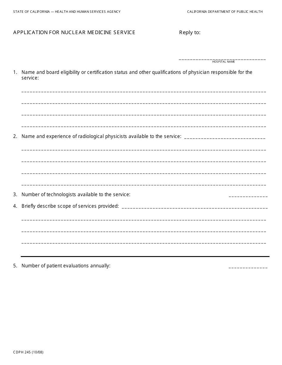Form CDPH245 Application for Nuclear Medicine Service - California, Page 1