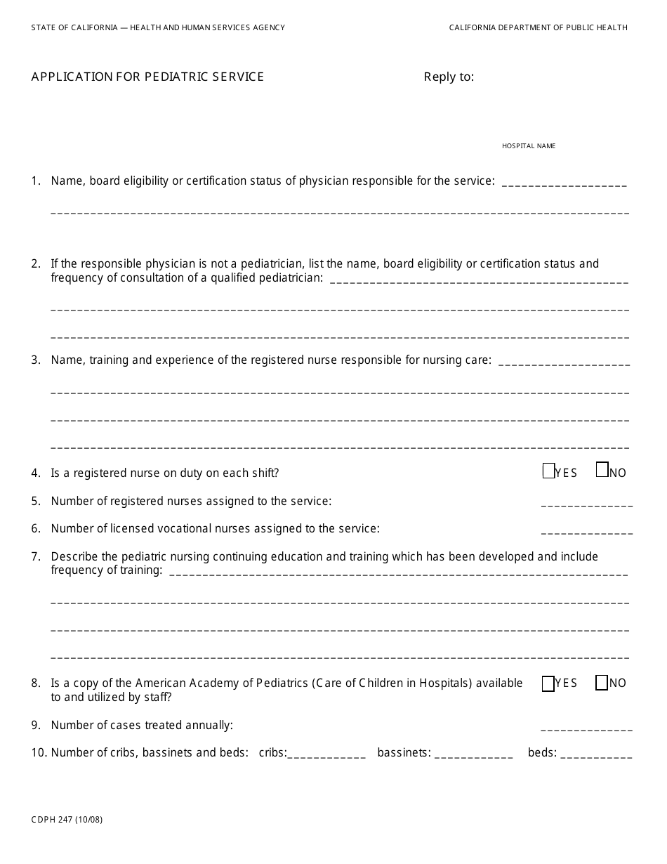 Form CDPH247 Application for Pediatric Service - California, Page 1