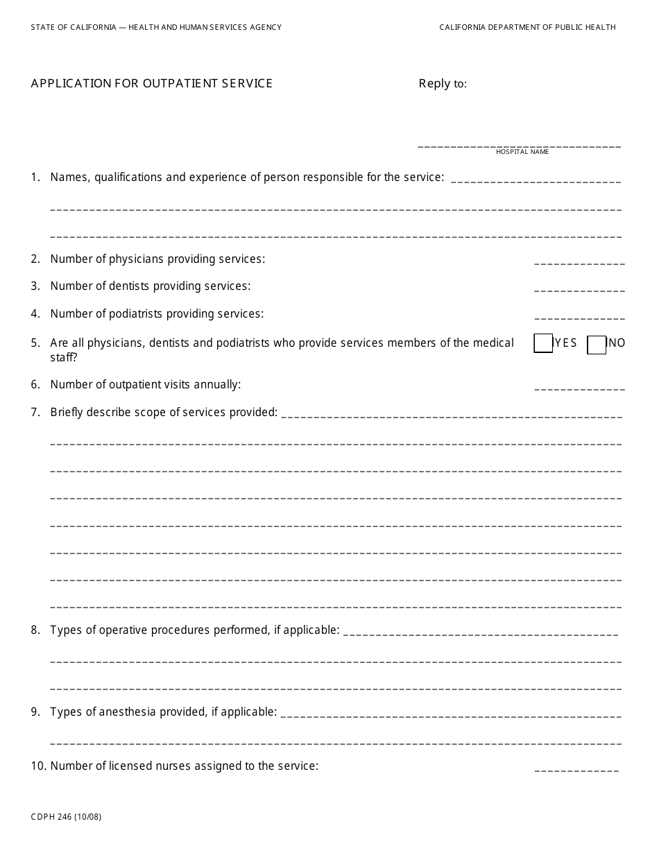 Form CDPH246 Application for Outpatient Service - California, Page 1