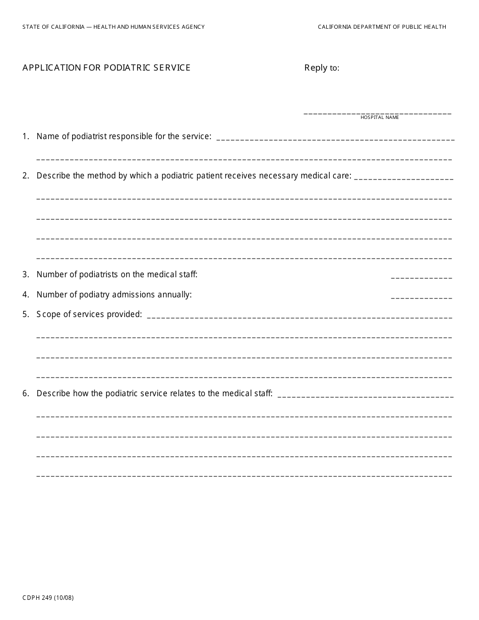 Form CDPH249 Application for Podiatric Service - California, Page 1