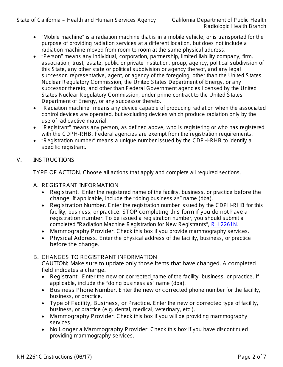 Instructions for Form RH2261C Radiation Machine Registration Form for Changes to Registrant or Machine Information - California, Page 2