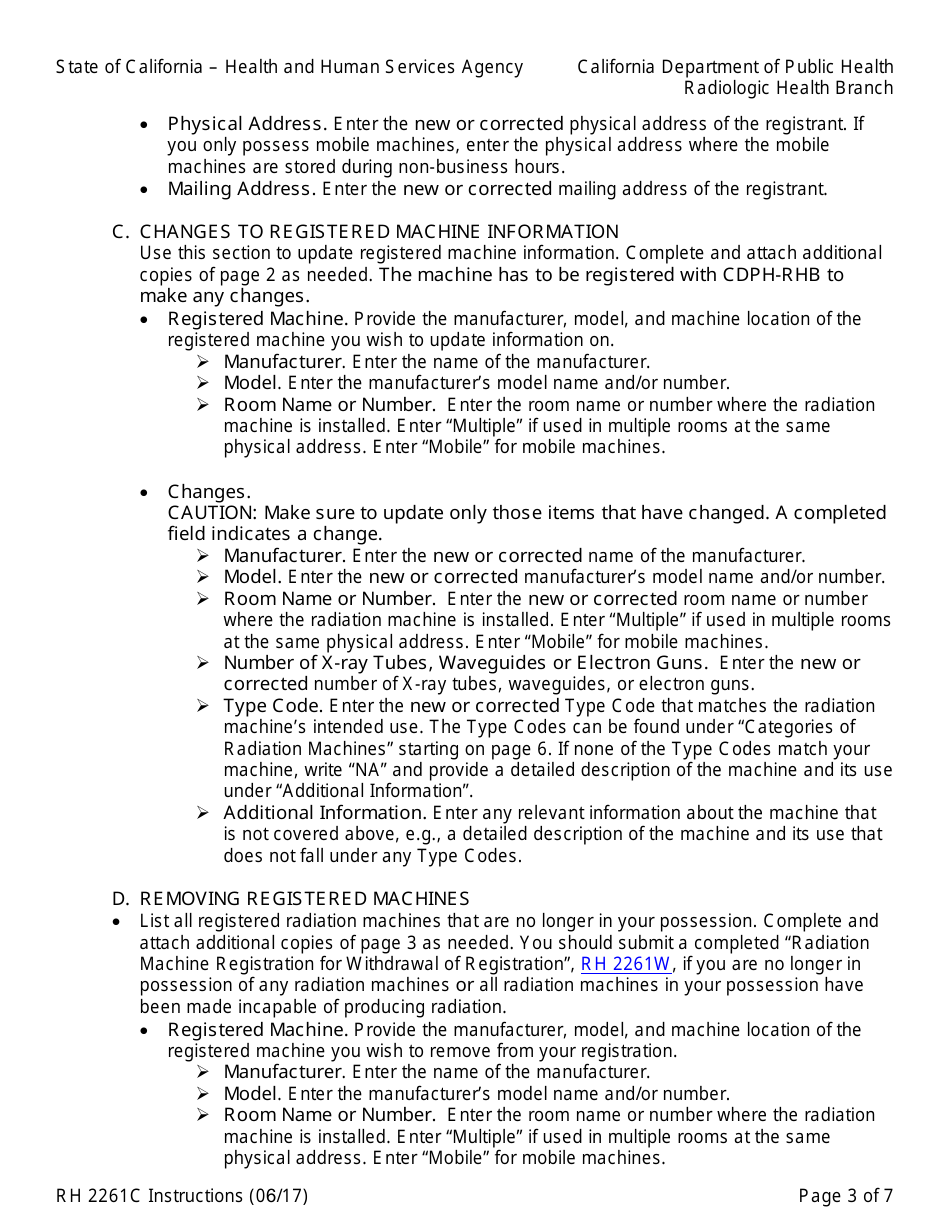 Instructions for Form RH2261C Radiation Machine Registration Form for Changes to Registrant or Machine Information - California, Page 3