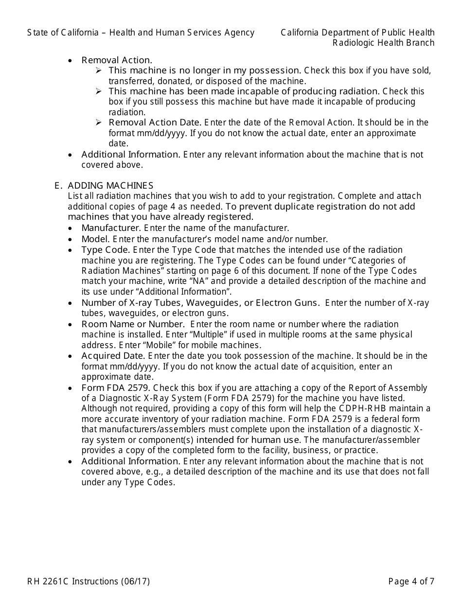 Instructions for Form RH2261C Radiation Machine Registration Form for Changes to Registrant or Machine Information - California, Page 4