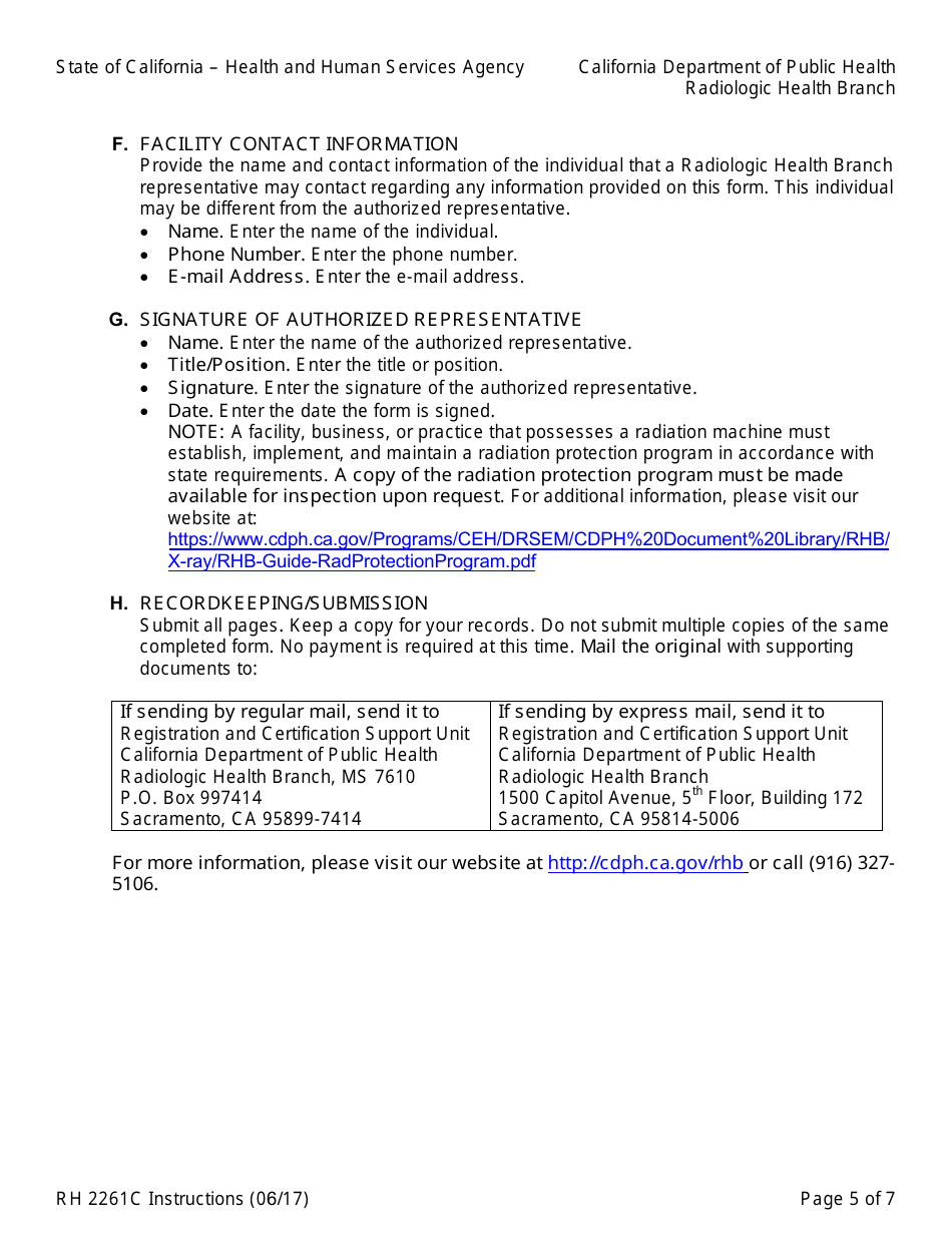 Instructions for Form RH2261C Radiation Machine Registration Form for Changes to Registrant or Machine Information - California, Page 5