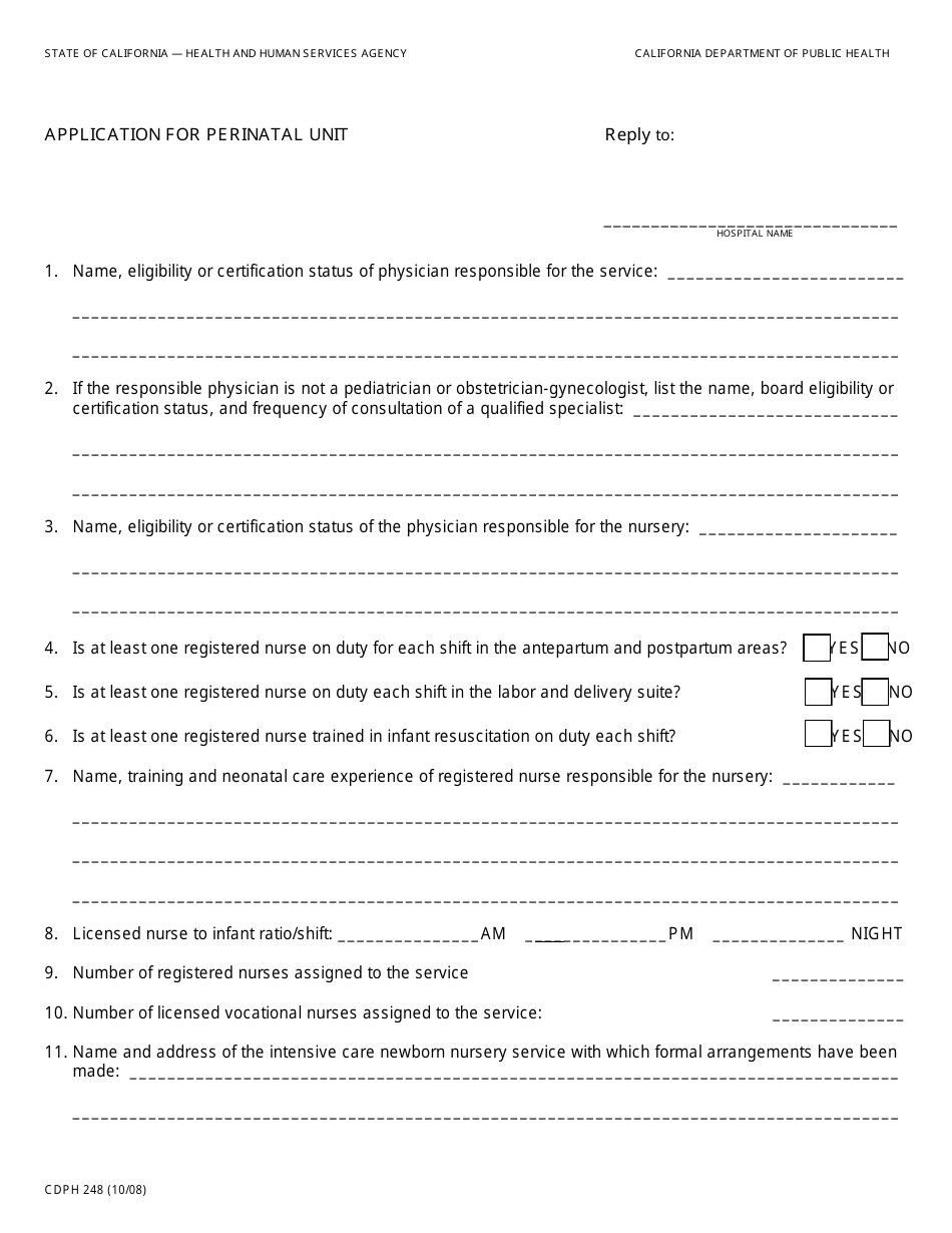 Form CDPH248 Application for Perinatal Unit - California, Page 1
