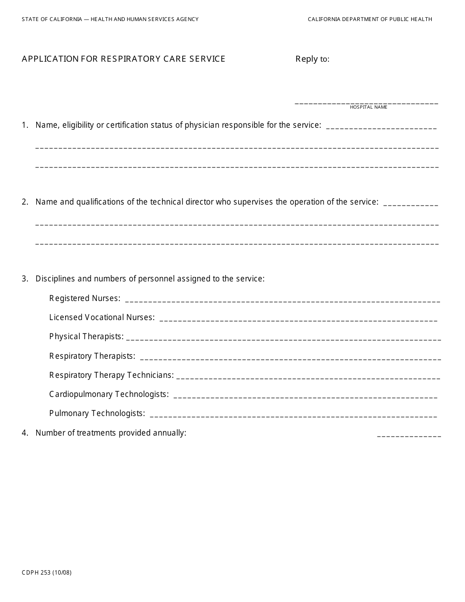 Form CDPH253 Application for Respiratory Care Service - California, Page 1