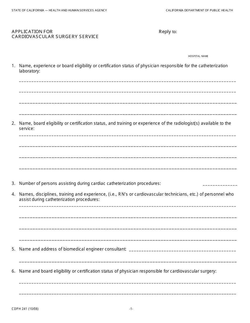 Form CDPH241 Application for Cardiovascular Surgery Service - California, Page 1