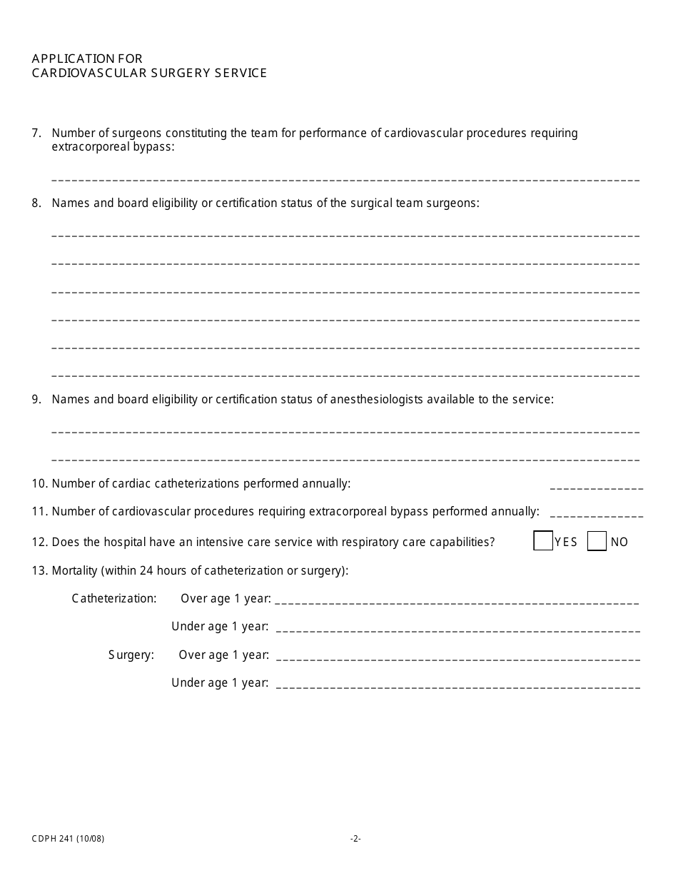 Form CDPH241 Application for Cardiovascular Surgery Service - California, Page 2
