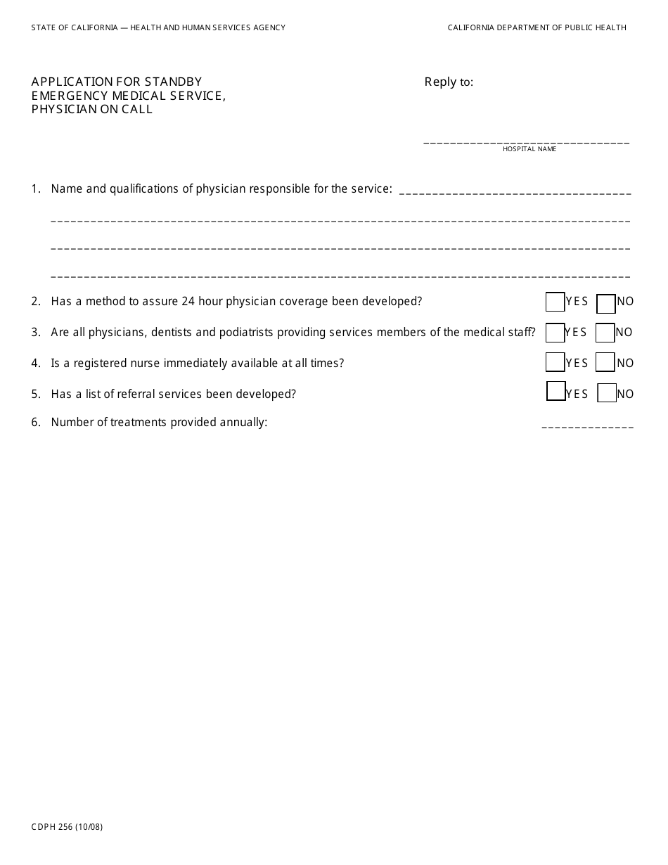 Form CDPH256 Application for Standby Emergency Medical Service, Physician on Call - California, Page 1