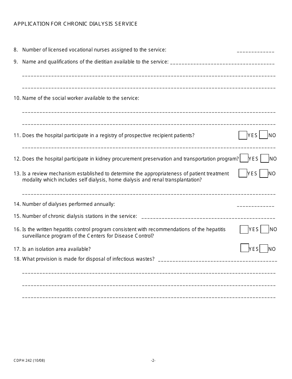 Form CDPH242 Application for Chronic Dialysis Service - California, Page 2
