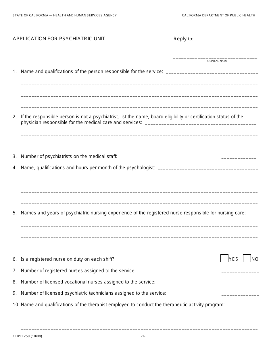 Form CDPH250 Application for Psychiatric Unit - California, Page 1