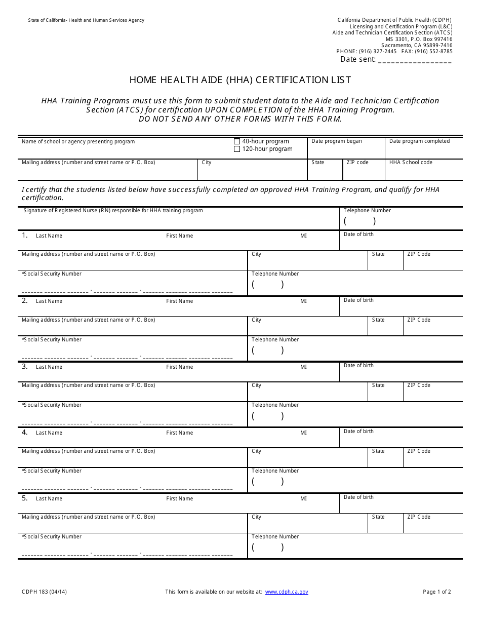 Form CDPH183 Home Health Aide (Hha) Certification List - California, Page 1