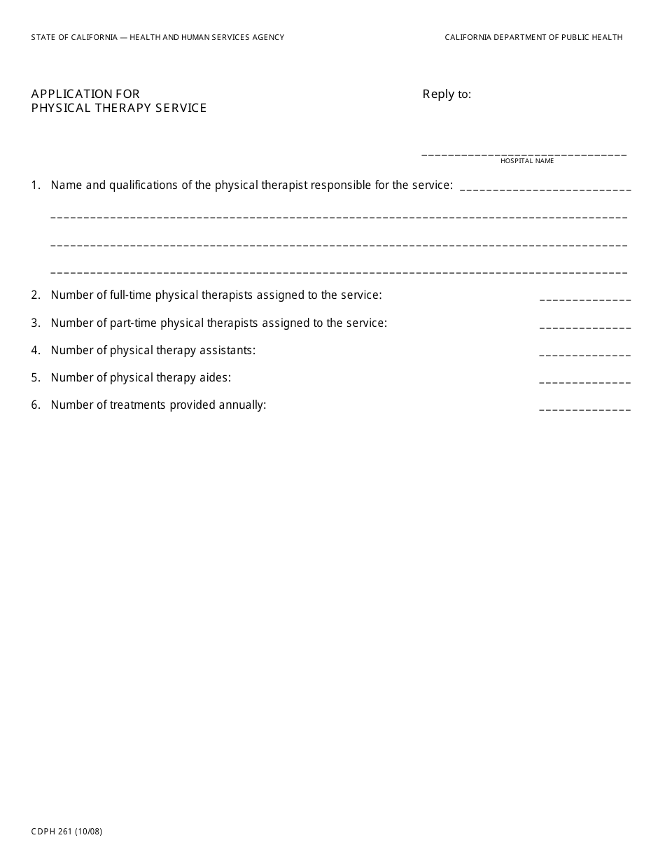 Form CDPH261 Application for Physical Therapy Service - California, Page 1