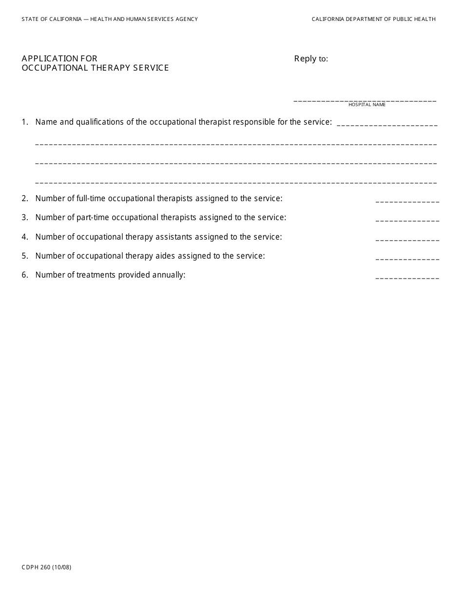 Form CDPH260 Application for Occupational Therapy Service - California, Page 1
