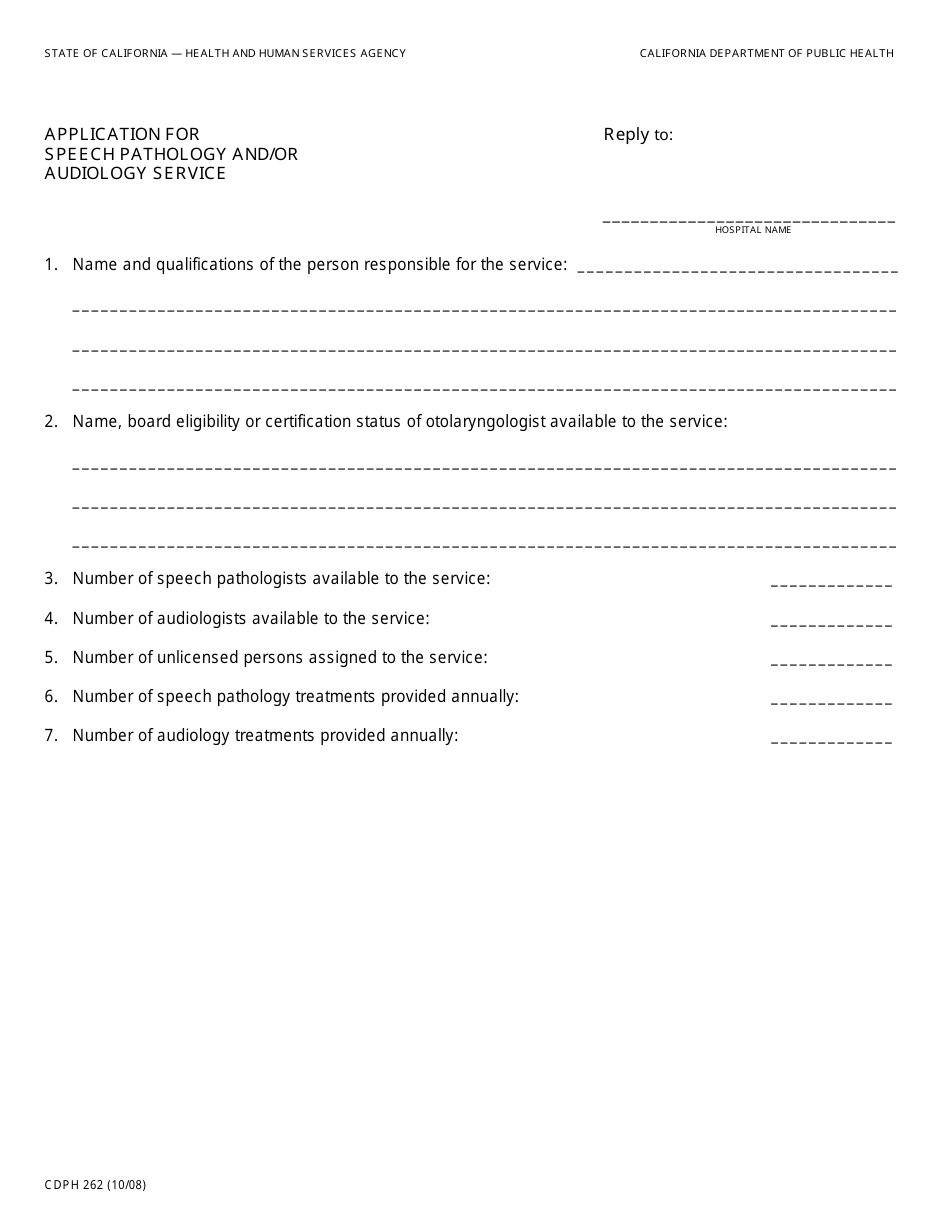 Form CDPH262 Application for Speech Pathology and / or Audiology Service - California, Page 1