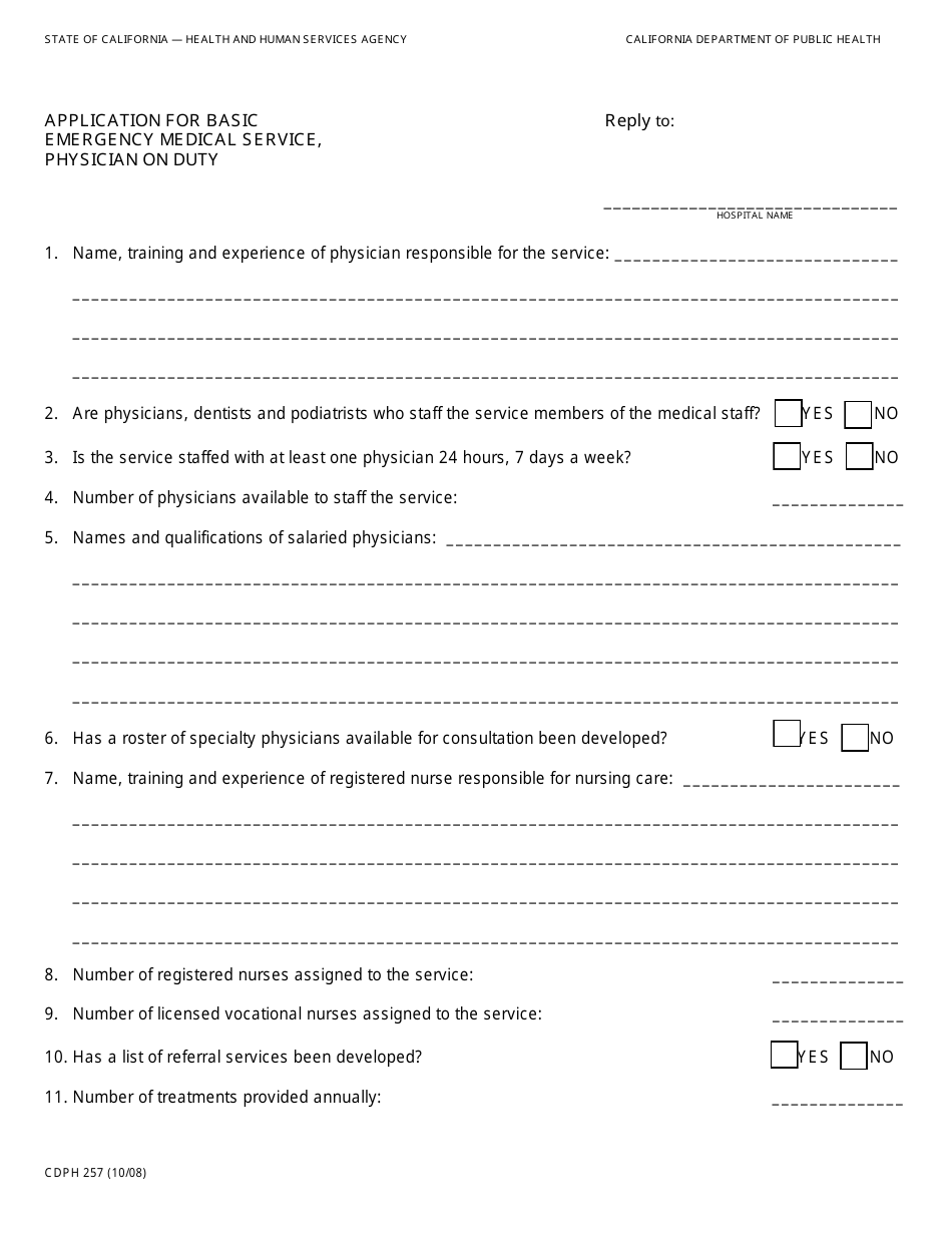Form CDPH257 Application for Basic Emergency Medical Service, Physician on Duty - California, Page 1