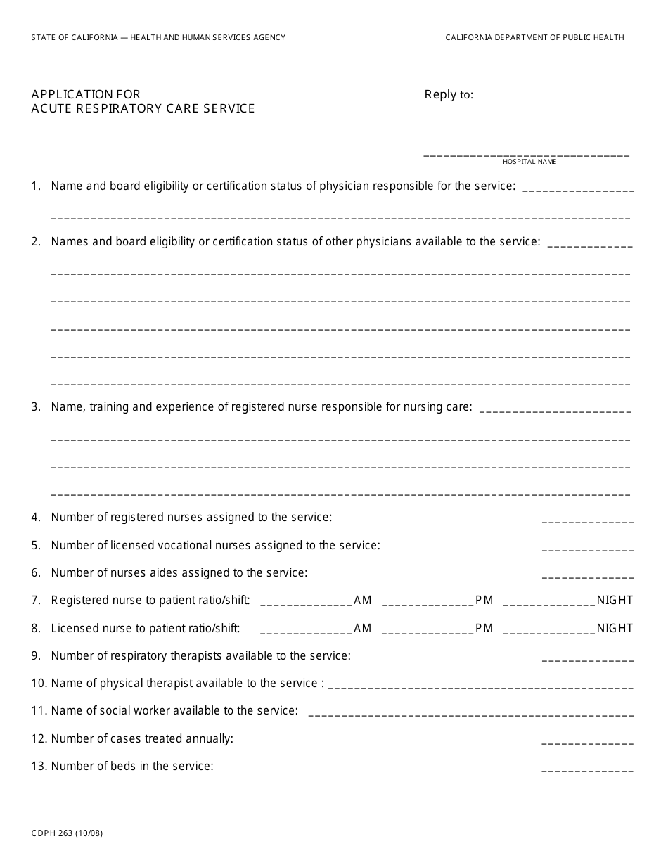 Form CDPH263 Application for Acute Respiratory Care Service - California, Page 1