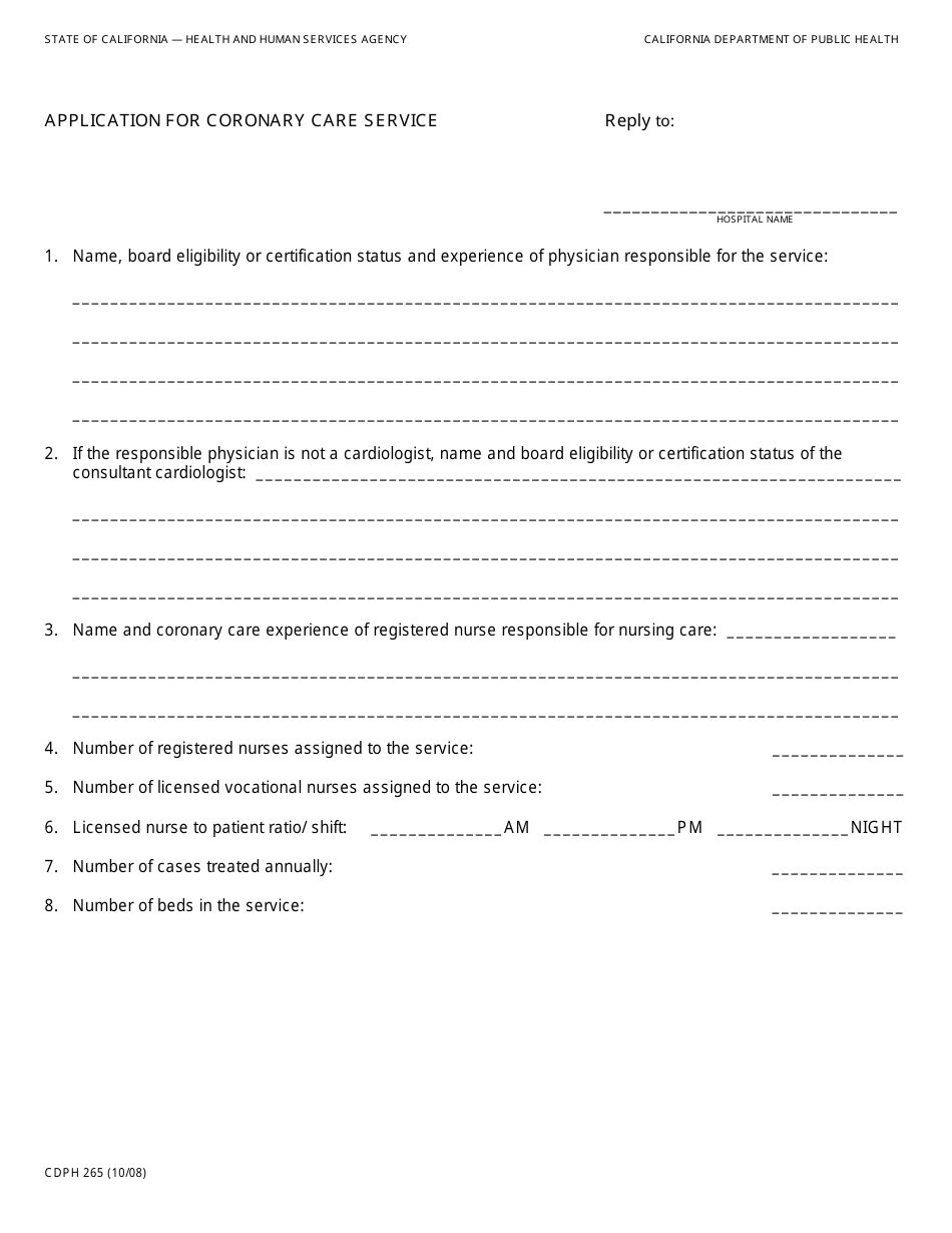 Form CDPH265 Application for Coronary Care Service - California, Page 1
