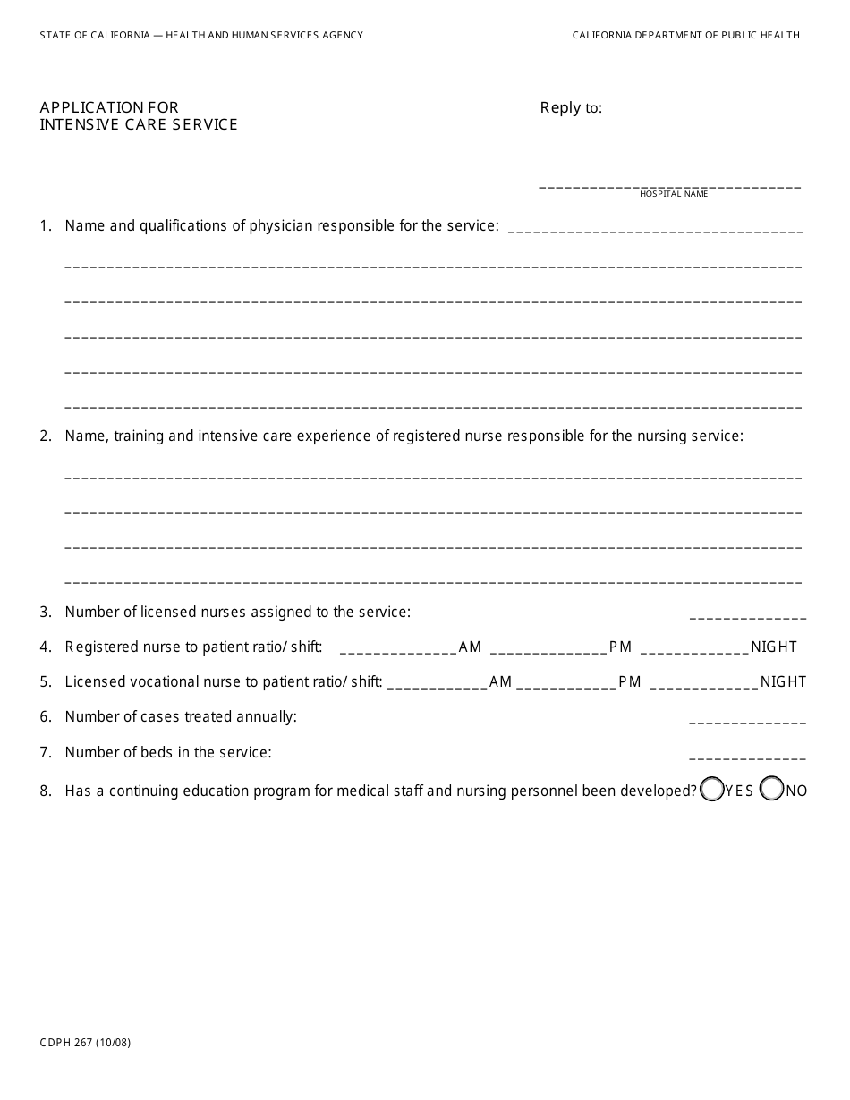Form CDPH267 Application for Intensive Care Service - California, Page 1