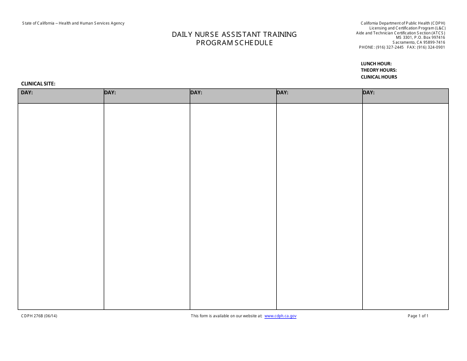 Form CDPH276B Daily Nurse Assistant Training Program Schedule - California, Page 1