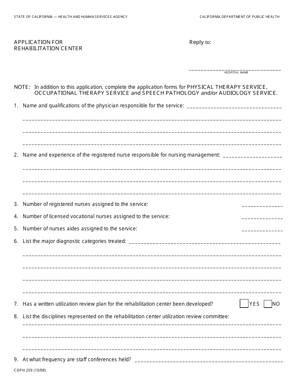 Form CDPH259 Application for Rehabilitation Center - California, Page 1