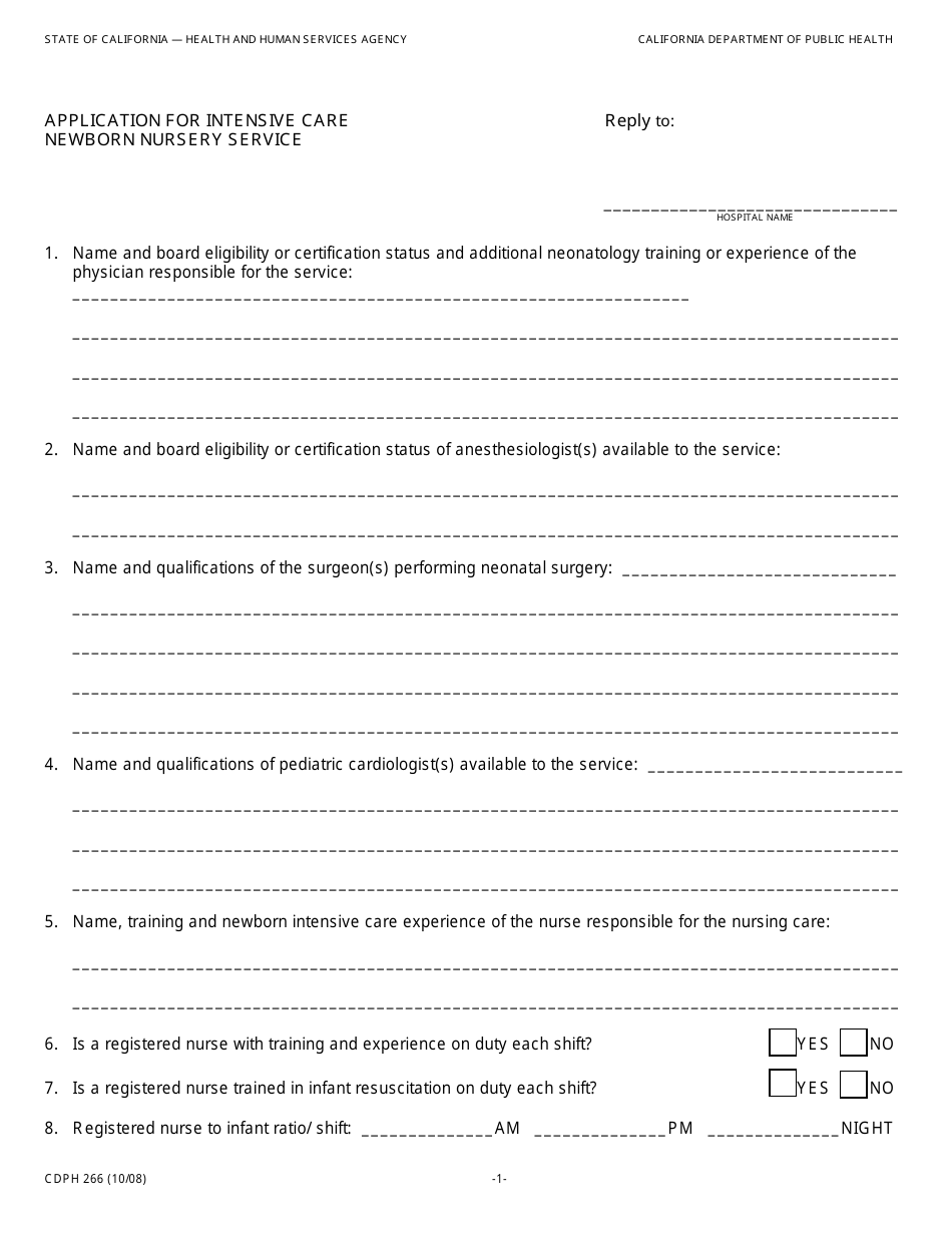 Form CDPH266 Application for Intensive Care Newborn Nursery Service - California, Page 1