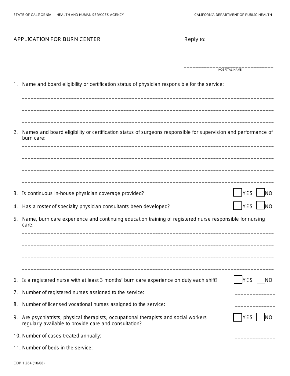 Form CDPH264 Application for Burn Center - California, Page 1
