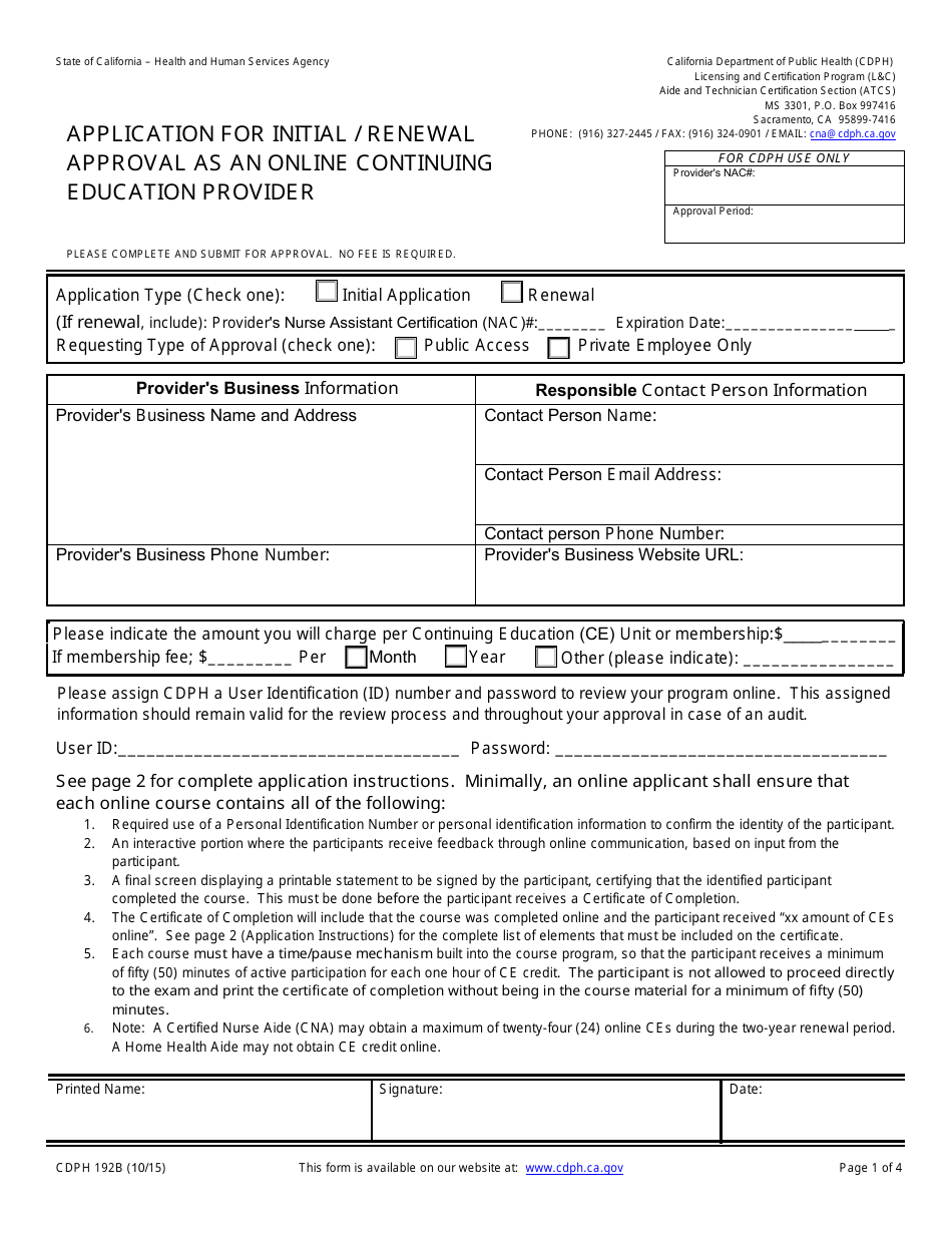 Form CDPH192B Application for Initial / Renewal Approval as an Online Continuing Education Provider - California, Page 1