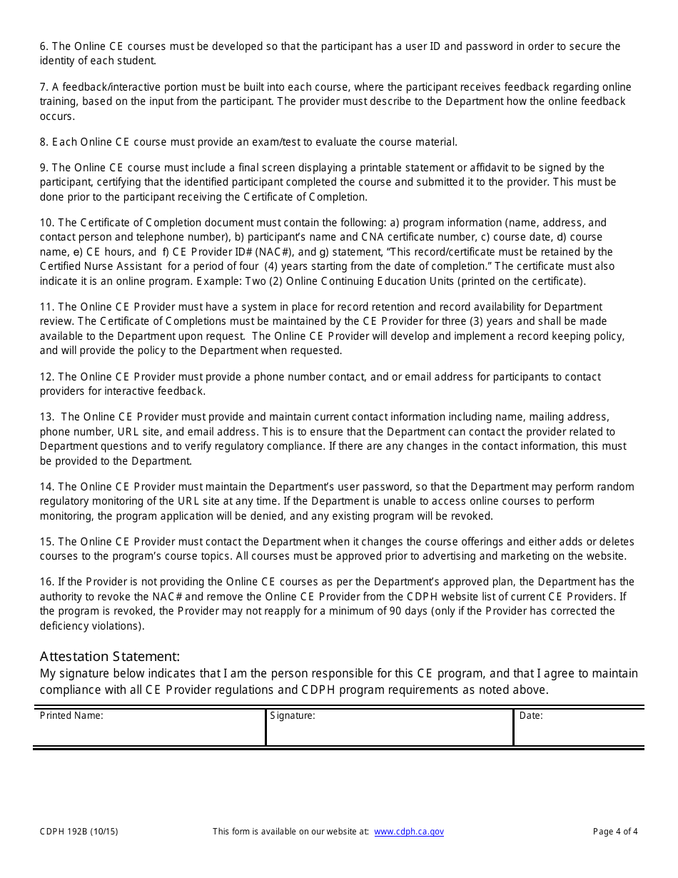 Form CDPH192B Application for Initial / Renewal Approval as an Online Continuing Education Provider - California, Page 4