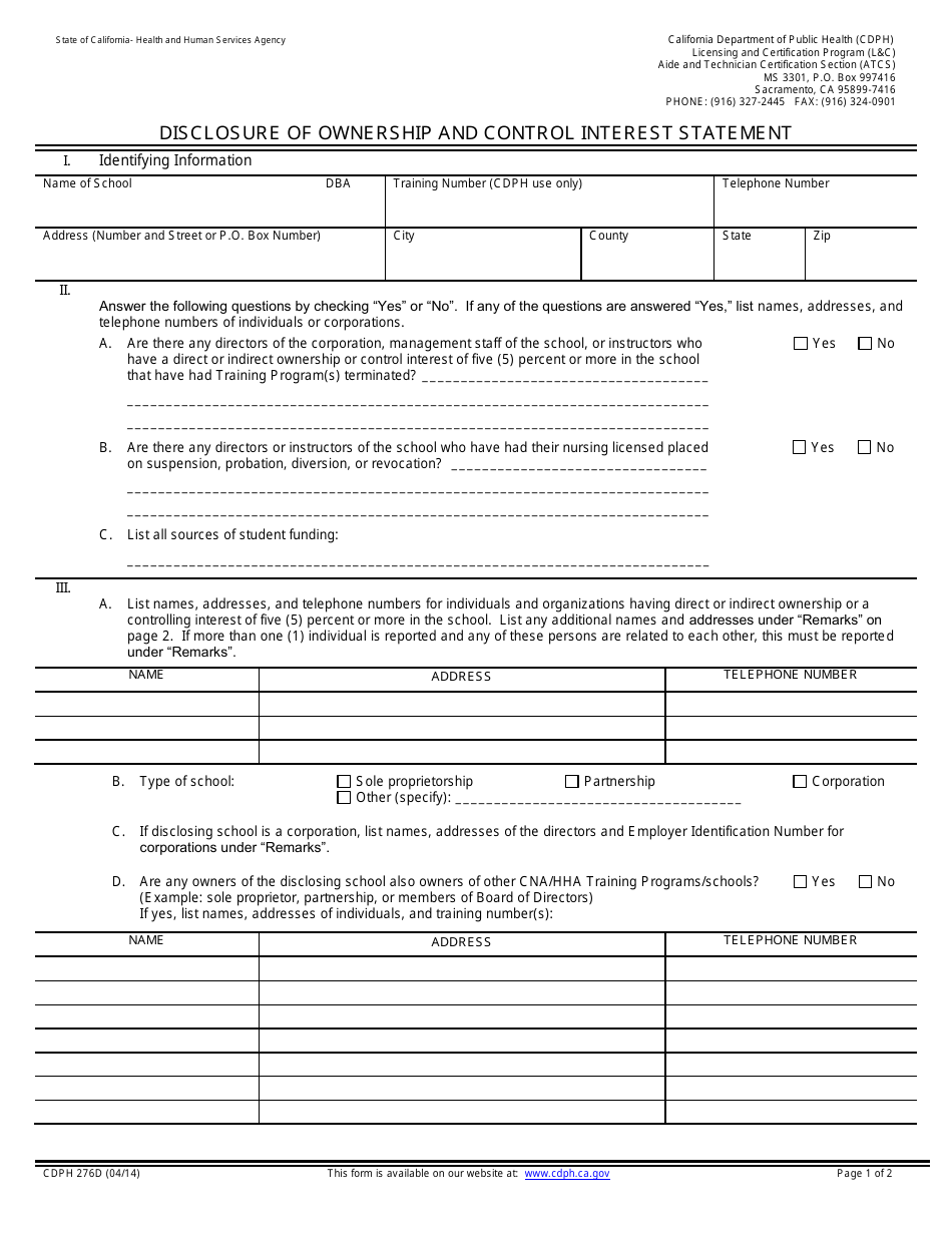 Form CDPH276D Disclosure of Ownership and Control Interest Statement - California, Page 1
