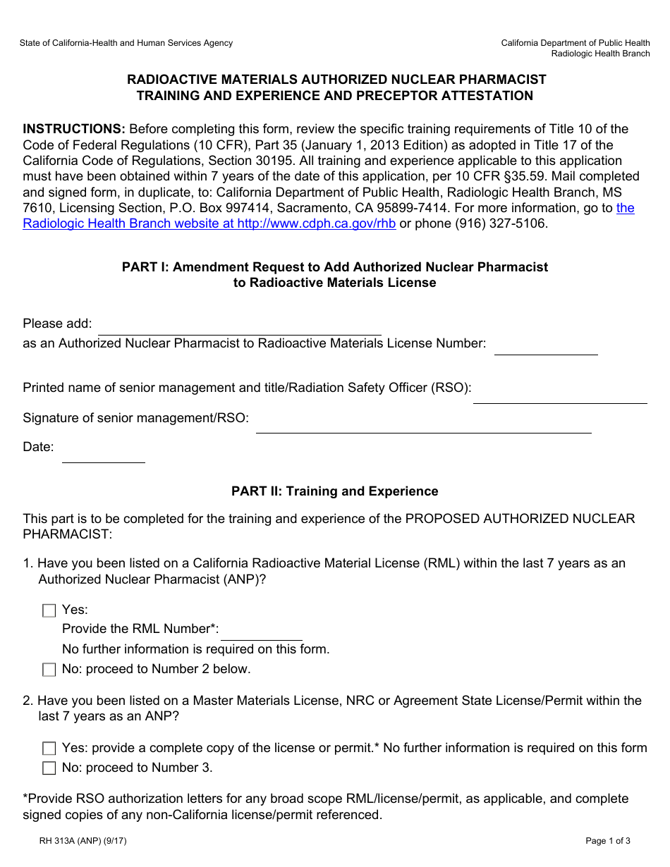 Form RH313A (ANP) Radioactive Materials Authorized Nuclear Pharmacist Training and Experience and Preceptor Attestation - California, Page 1