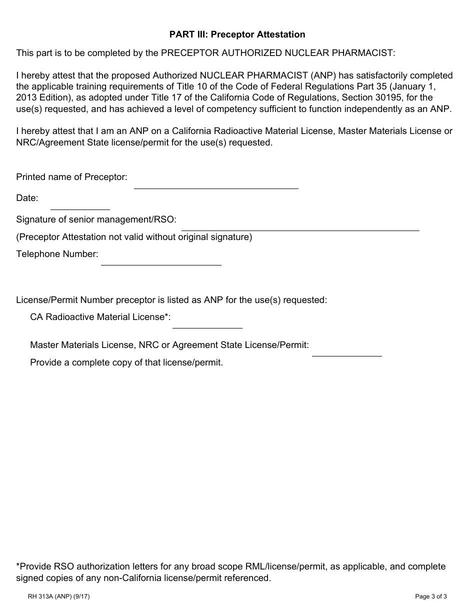 Form RH313A (ANP) Radioactive Materials Authorized Nuclear Pharmacist Training and Experience and Preceptor Attestation - California, Page 3
