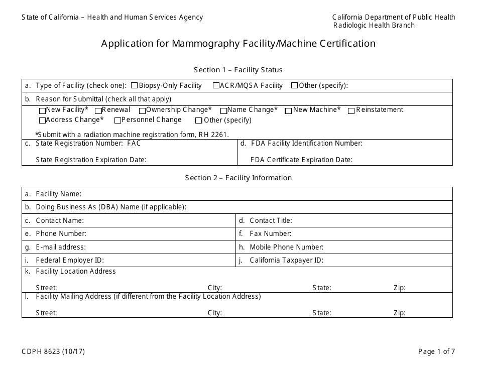 Form CDPH8623 Application for Mammography Facility / Machine Certification - California, Page 1